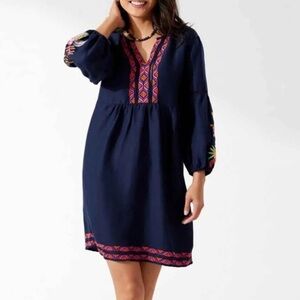 Tommy Bahama Navy Tunic Dress 3/4 Sleeve Red and Pink Floral Embroidery Boho XS